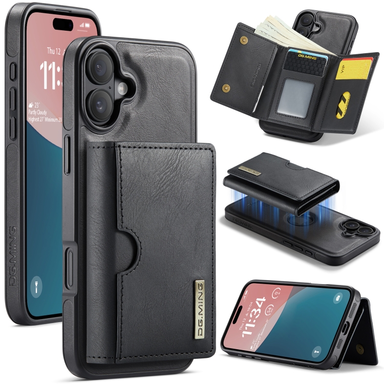 

For iPhone 16 DG.MING M6 Series RFID Tri-fold Card Bag Removable Leather Phone Case(Black)