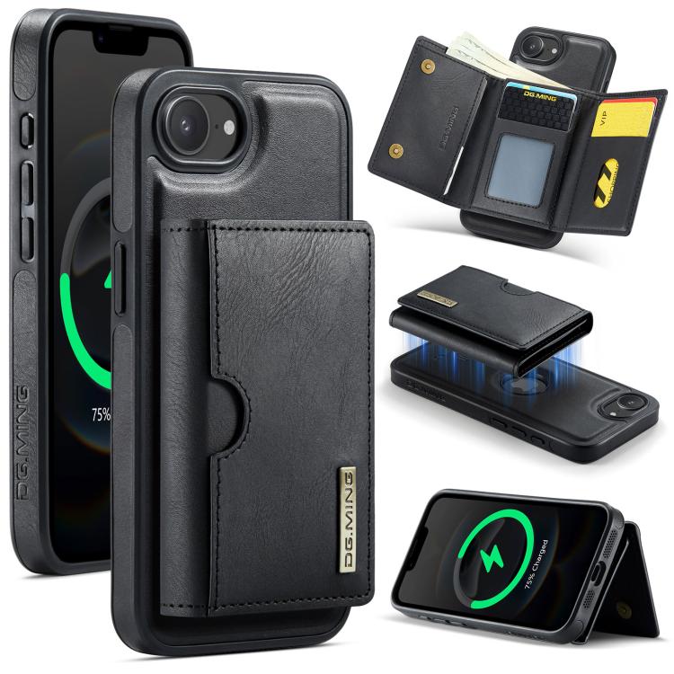 

For iPhone 16e DG.MING M6 Series RFID Tri-fold Card Bag Removable Leather Phone Case(Black)
