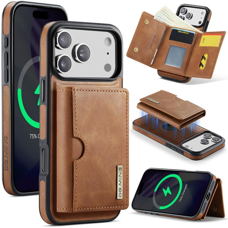 For iPhone 17 Pro Max DG.MING M6 Series RFID Tri-fold Card Bag Removable Leather Phone Case(Brown)