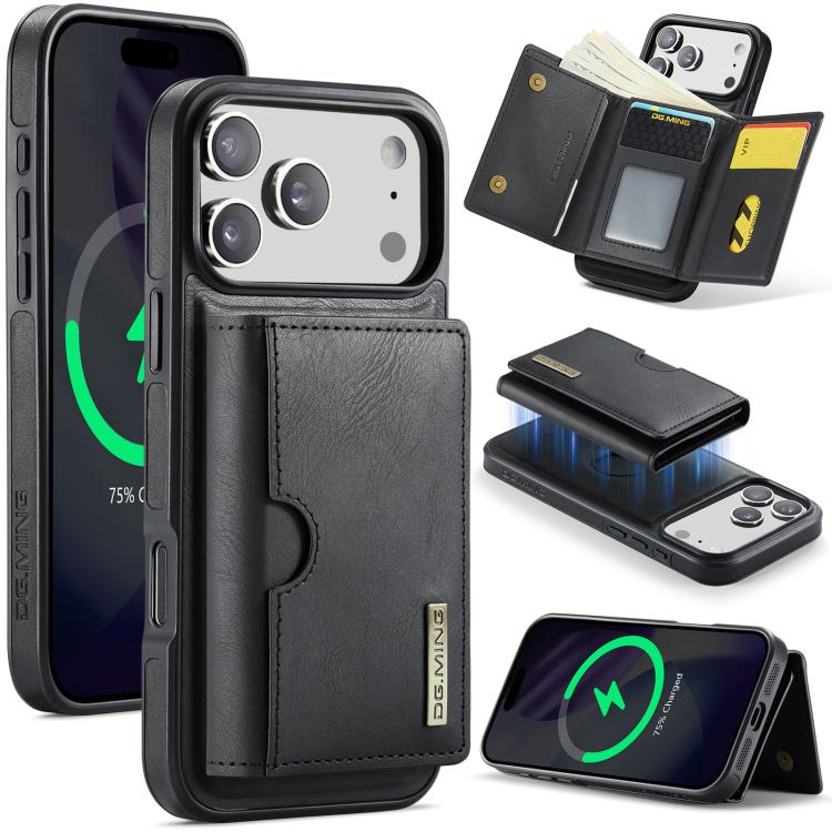 For iPhone 18 Pro / 17 Pro DG.MING M6 Series RFID Tri-fold Card Bag Removable Leather Phone Case(Black)