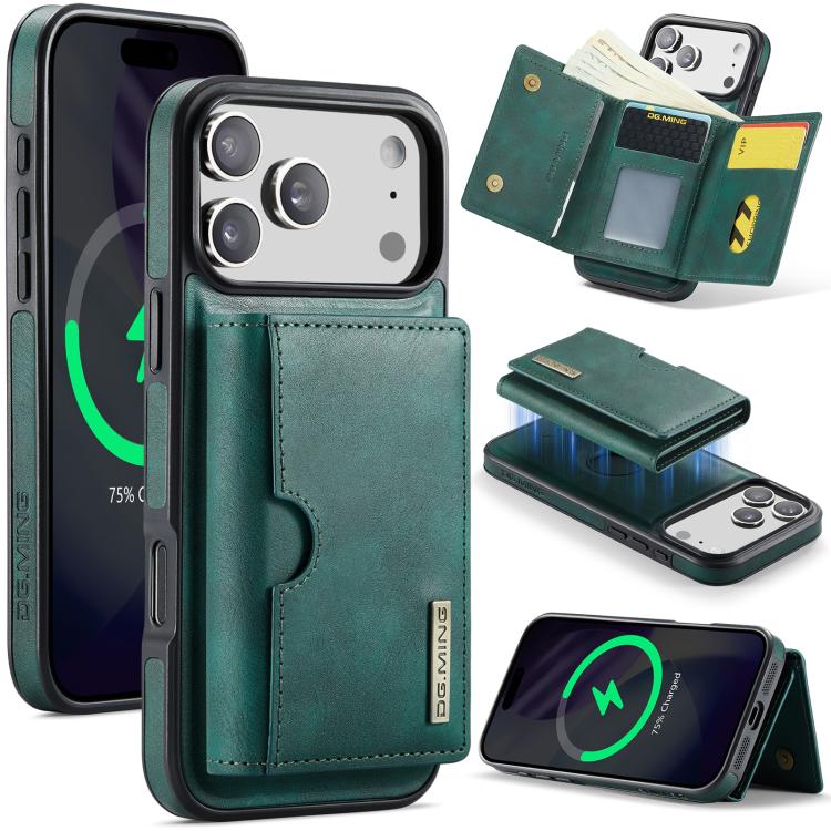 For iPhone 17 Pro DG.MING M6 Series RFID Tri-fold Card Bag Removable Leather Phone Case(Green)