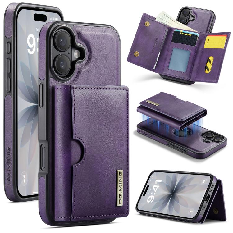 For iPhone 17 DG.MING M6 Series RFID Tri-fold Card Bag Removable Leather Phone Case(Purple)