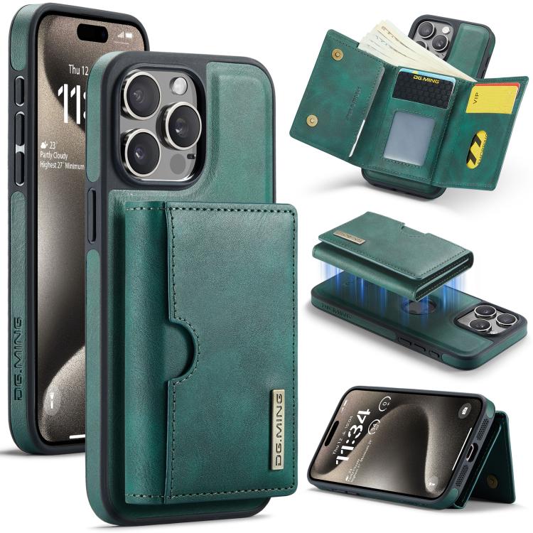 For iPhone 15 Pro DG.MING M6 Series RFID Tri-fold Card Bag Removable Leather Phone Case(Green)