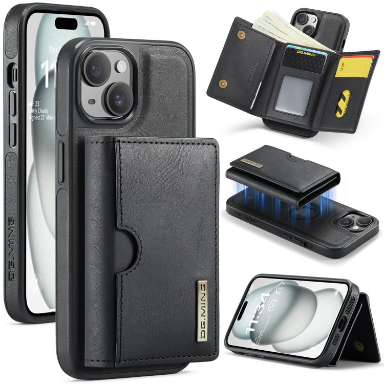 

For iPhone 15 DG.MING M6 Series RFID Tri-fold Card Bag Removable Leather Phone Case(Black)
