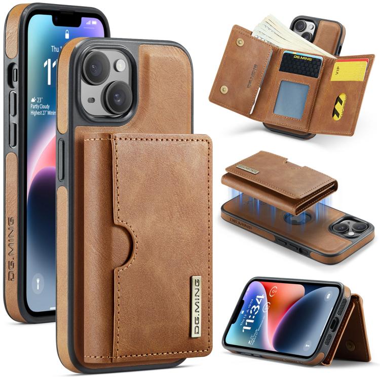 For iPhone 14 DG.MING M6 Series RFID Tri-fold Card Bag Removable Leather Phone Case(Brown)