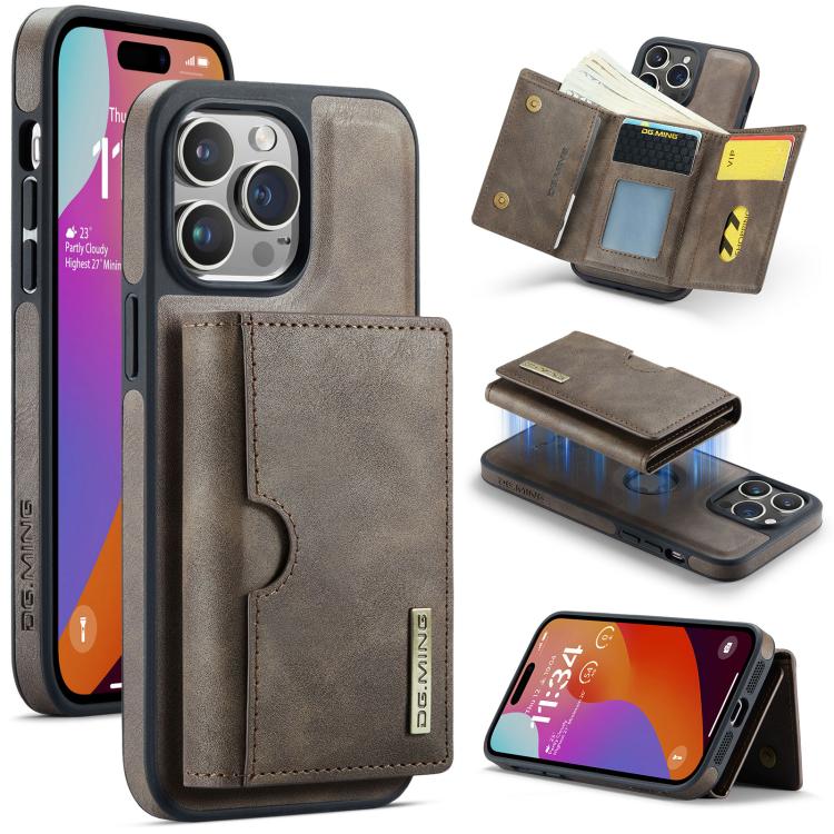 

For iPhone 14 Pro DG.MING M6 Series RFID Tri-fold Card Bag Removable Leather Phone Case(Coffee)