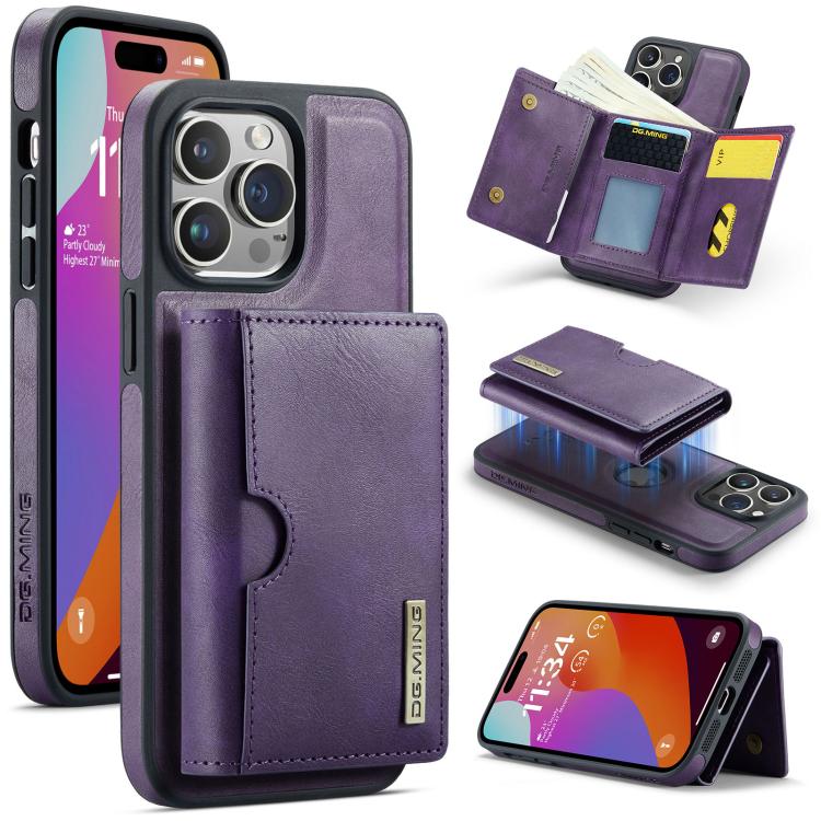 For iPhone 14 Pro Max DG.MING M6 Series RFID Tri-fold Card Bag Removable Leather Phone Case(Purple)