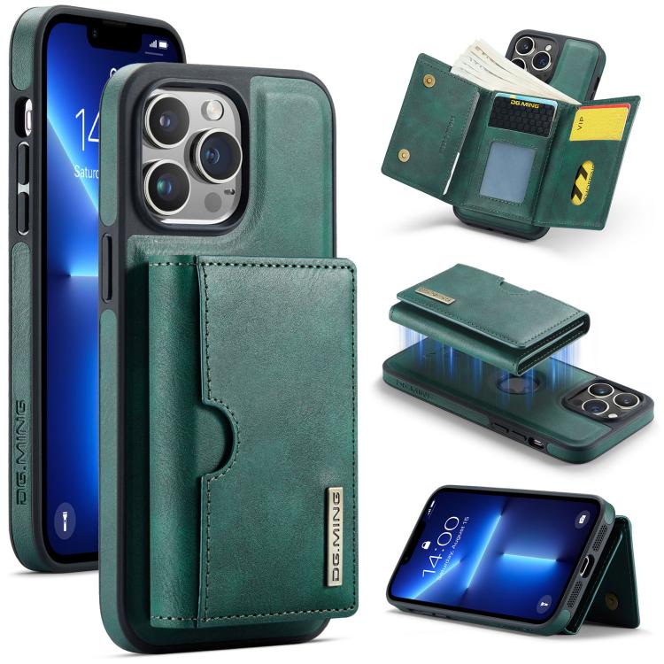 

For iPhone 13 Pro DG.MING M6 Series RFID Tri-fold Card Bag Removable Leather Phone Case(Green)