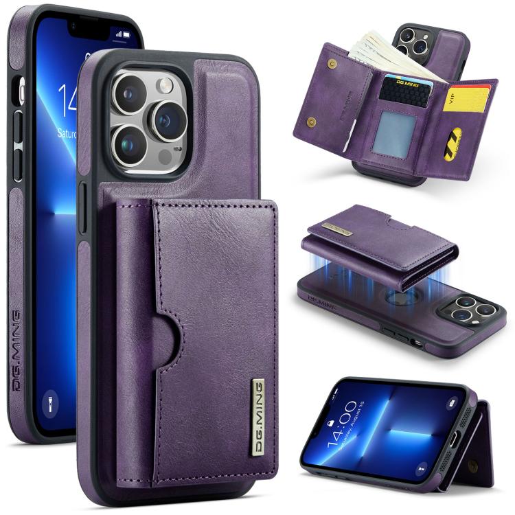 

For iPhone 13 Pro DG.MING M6 Series RFID Tri-fold Card Bag Removable Leather Phone Case(Purple)