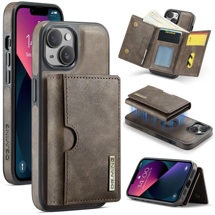 

For iPhone 13 DG.MING M6 Series RFID Tri-fold Card Bag Removable Leather Phone Case(Coffee)