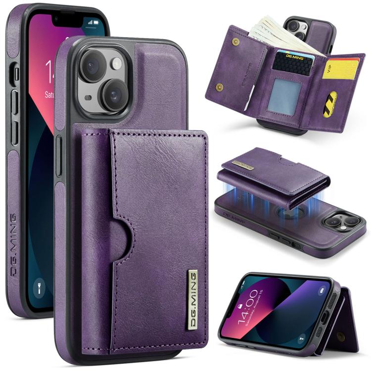 For iPhone 13 DG.MING M6 Series RFID Tri-fold Card Bag Removable Leather Phone Case(Purple)