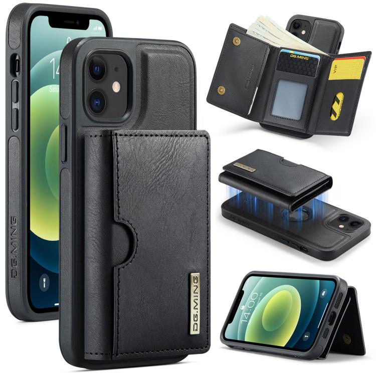 For iPhone 12 DG.MING M6 Series RFID Tri-fold Card Bag Removable Leather Phone Case(Black)