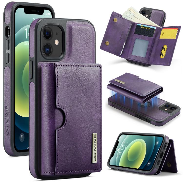 

For iPhone 12 DG.MING M6 Series RFID Tri-fold Card Bag Removable Leather Phone Case(Purple)