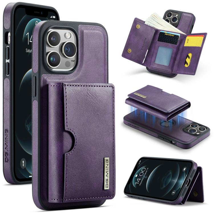 For iPhone 12 Pro Max DG.MING M6 Series RFID Tri-fold Card Bag Removable Leather Phone Case(Purple)
