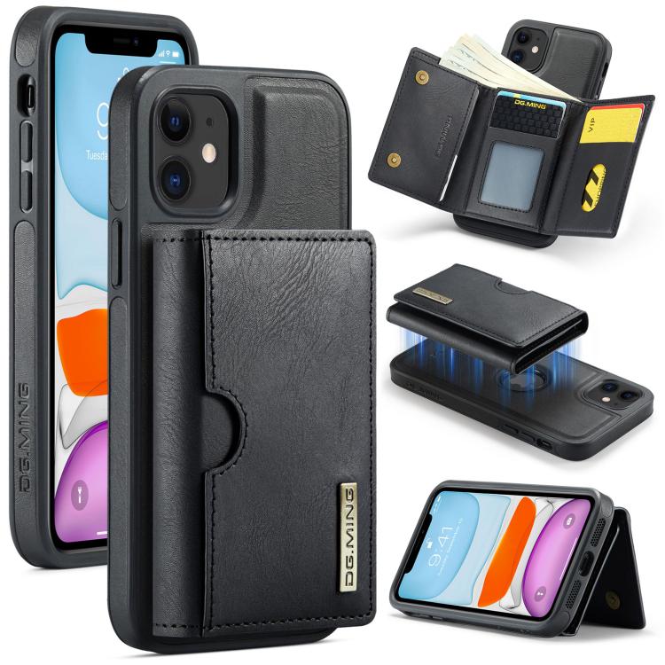 

For iPhone 11 DG.MING M6 Series RFID Tri-fold Card Bag Removable Leather Phone Case(Black)