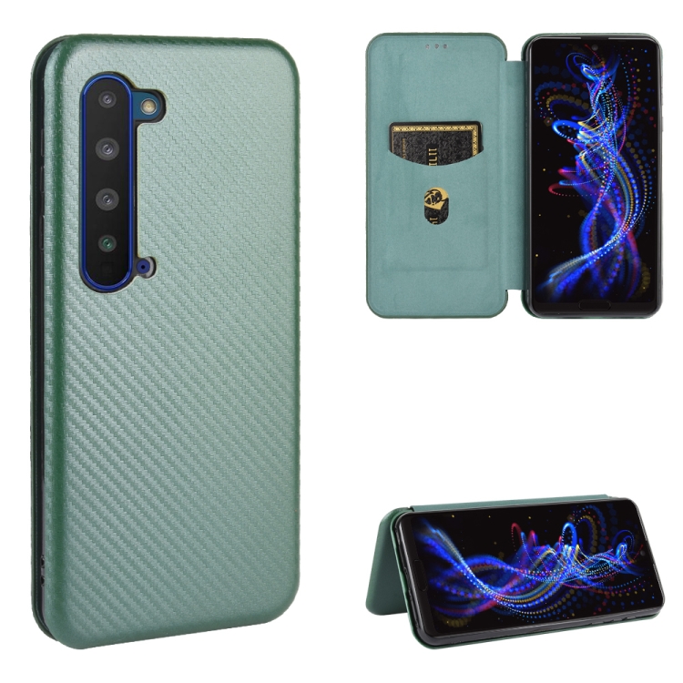 

For Sharp Aquos R5G Carbon Fiber Texture Horizontal Flip TPU + PC + PU Leather Case with Card Slot(Green)
