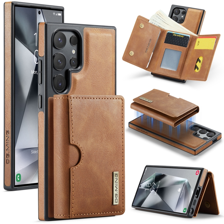 

For Samsung Galaxy S24 Ultra 5G DG.MING M6 Series RFID Tri-fold Card Bag Removable Leather Phone Case(Brown)