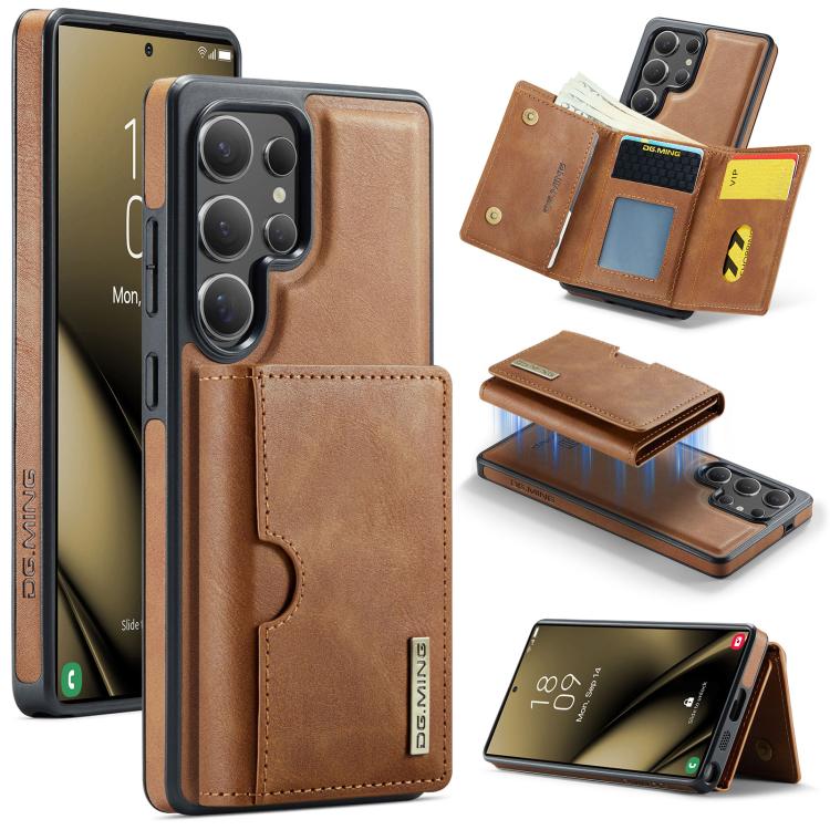 

For Samsung Galaxy S25 Ultra 5G DG.MING M6 Series RFID Tri-fold Card Bag Removable Leather Phone Case(Brown)