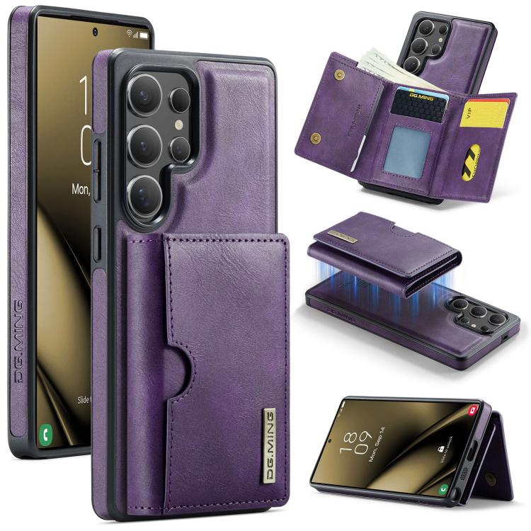 For Samsung Galaxy S25 Ultra 5G DG.MING M6 Series RFID Tri-fold Card Bag Removable Leather Phone Case(Purple)