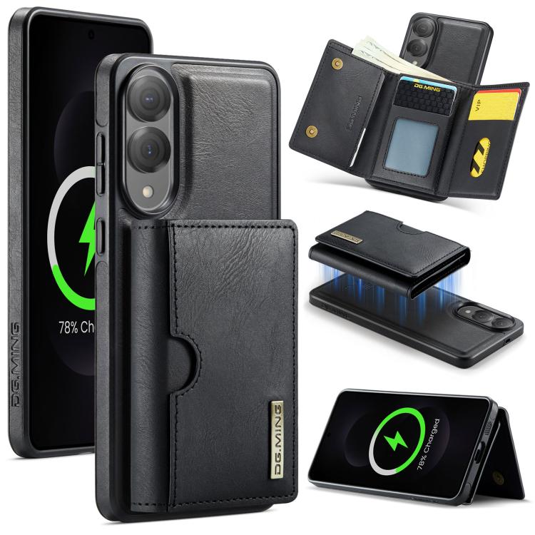 

For Samsung Galaxy S25 Edge 5G DG.MING M6 Series RFID Tri-fold Card Bag Removable Leather Phone Case(Black)