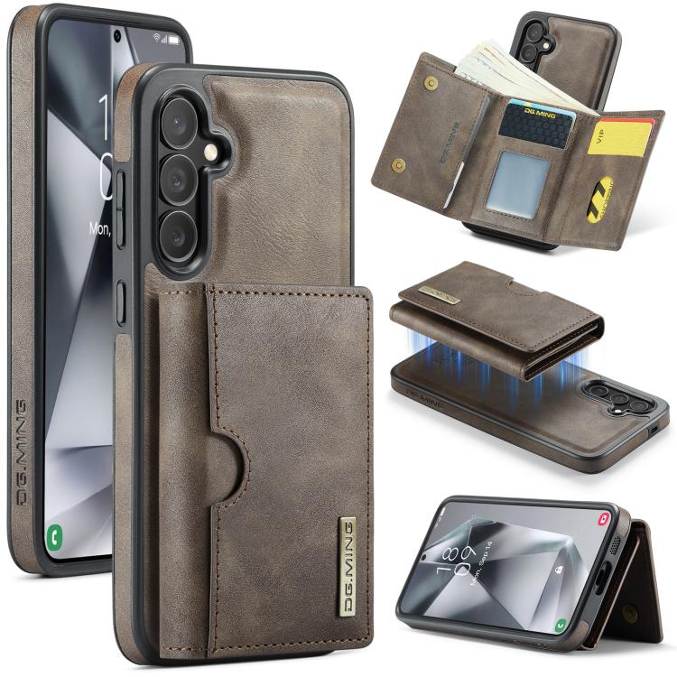 For Samsung Galaxy S25 5G DG.MING M6 Series RFID Tri-fold Card Bag Removable Leather Phone Case(Coffee)