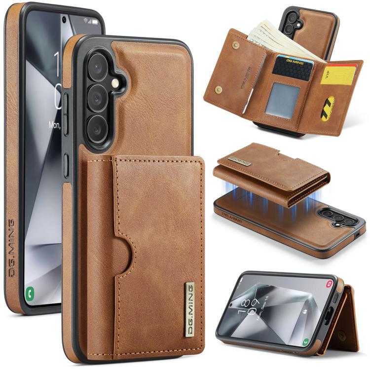 For Samsung Galaxy S25+ 5G DG.MING M6 Series RFID Tri-fold Card Bag Removable Leather Phone Case(Brown)