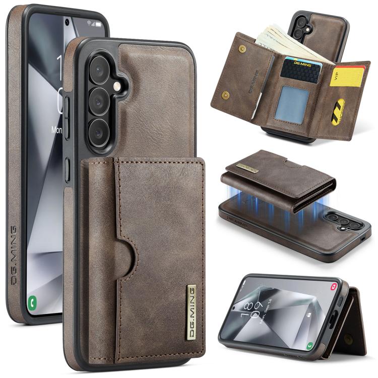 For Samsung Galaxy S24+ 5G DG.MING M6 Series RFID Tri-fold Card Bag Removable Leather Phone Case(Coffee)