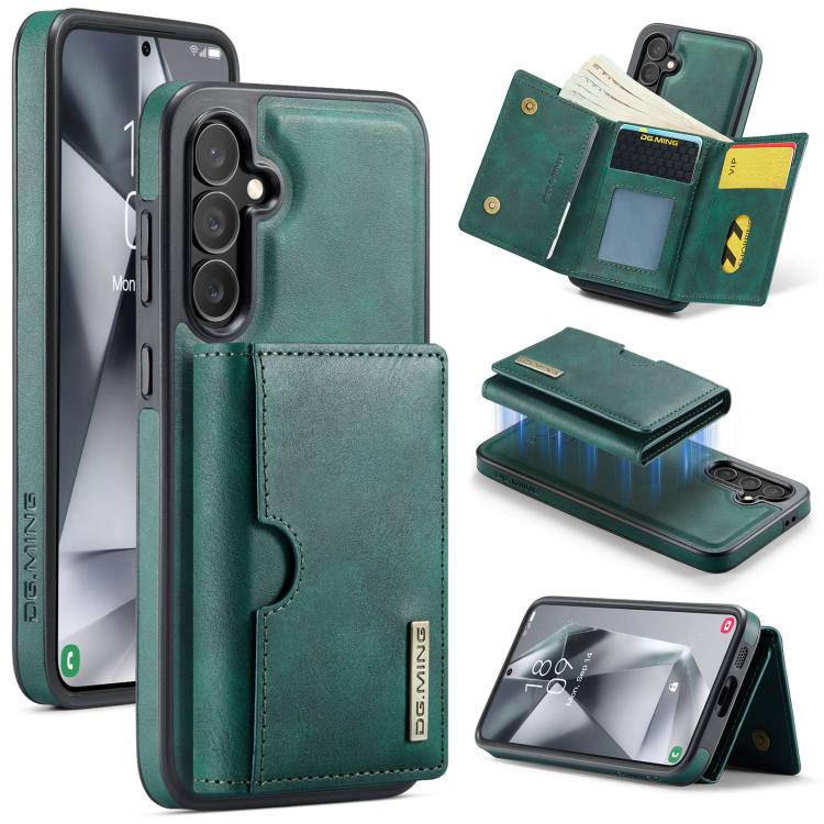 For Samsung Galaxy S24 FE 5G DG.MING M6 Series RFID Tri-fold Card Bag Removable Leather Phone Case(Green)