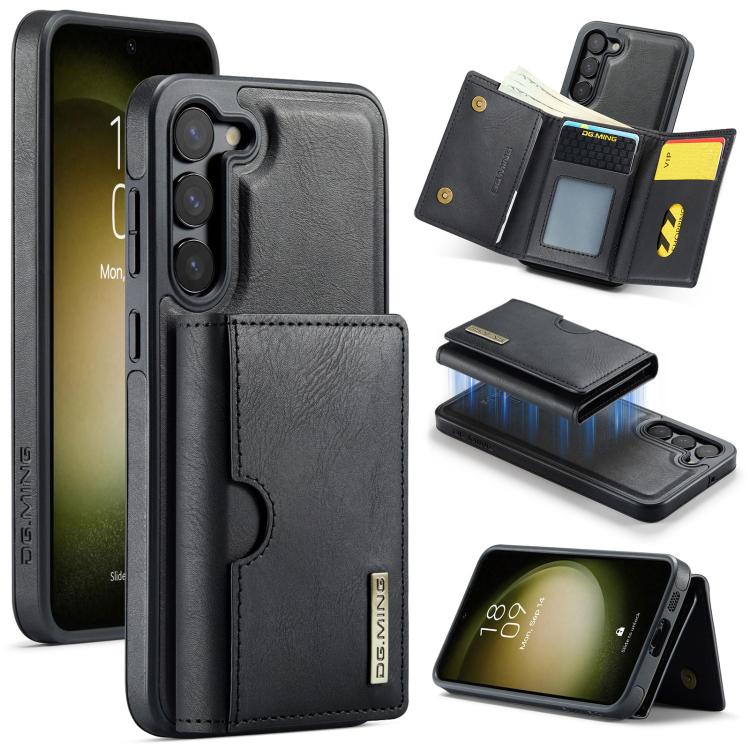 For Samsung Galaxy S23+ 5G DG.MING M6 Series RFID Tri-fold Card Bag Removable Leather Phone Case(Black)