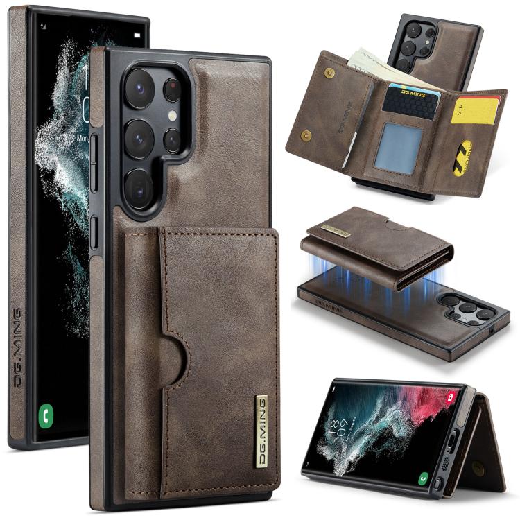 For Samsung Galaxy S22 Ultra 5G DG.MING M6 Series RFID Tri-fold Card Bag Removable Leather Phone Case(Coffee)