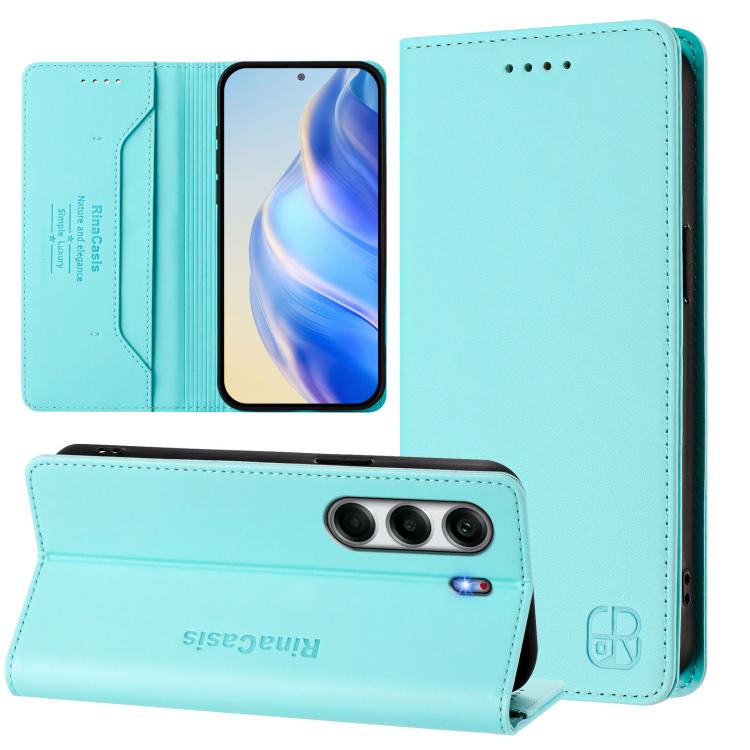

For Tecno Camon 40 Pro 4G RC01 Dual-Folded Magnetic Suction RFID Leather Phone Case(Mint Green)