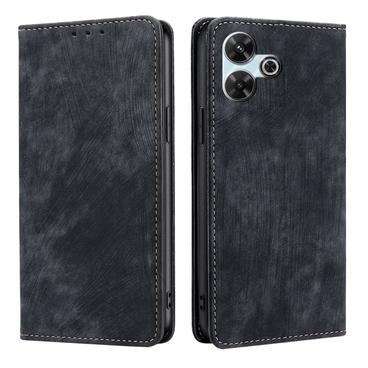 

For Redmi 13 4G RFID Anti-theft Brush Magnetic Leather Phone Case(Black)