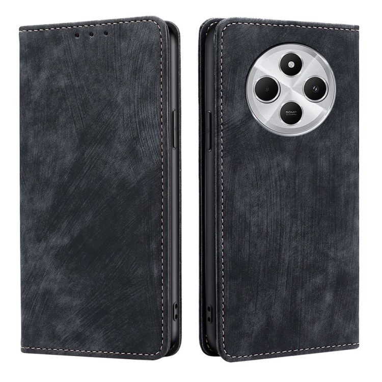 

For Redmi 14C 4G RFID Anti-theft Brush Magnetic Leather Phone Case(Black)