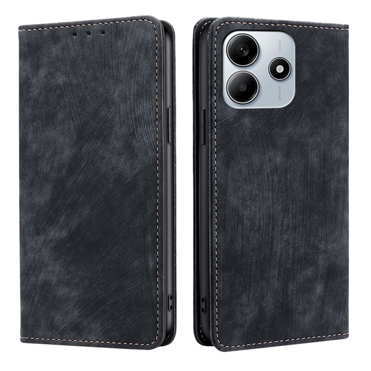 

For Redmi Note 14 5G RFID Anti-theft Brush Magnetic Leather Phone Case(Black)