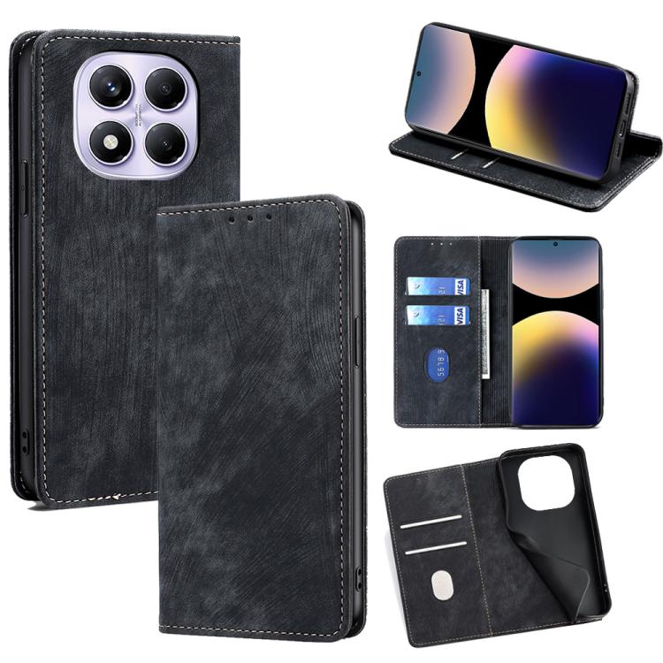 

For Redmi Note 14 Pro 4G RFID Anti-theft Brush Magnetic Leather Phone Case(Black)