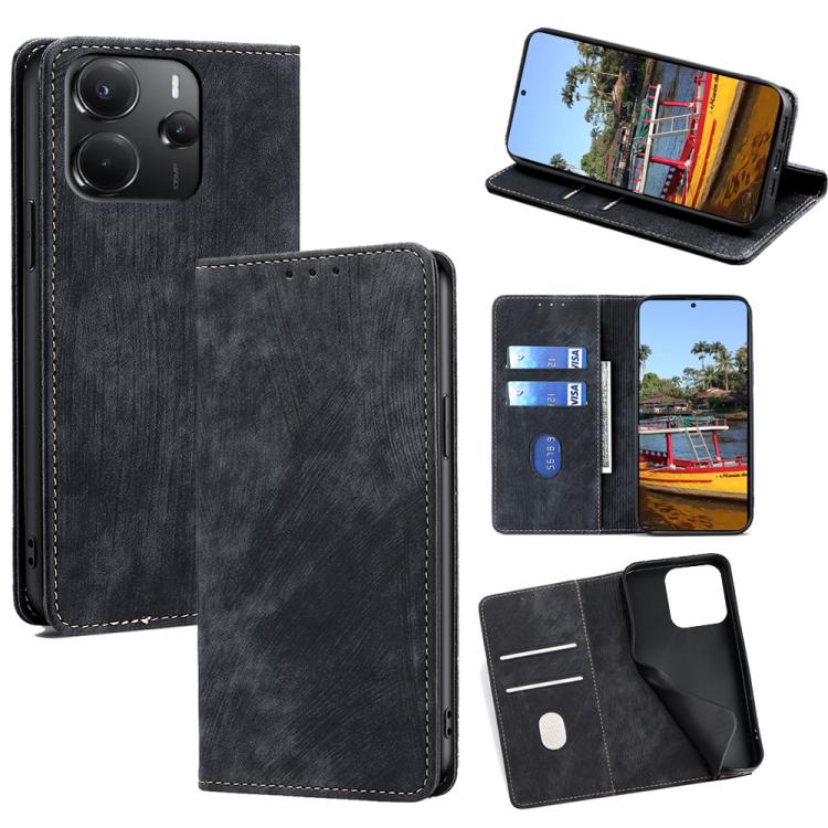 

For Redmi Note 14 4G 164.84mm RFID Anti-theft Brush Magnetic Leather Phone Case(Black)