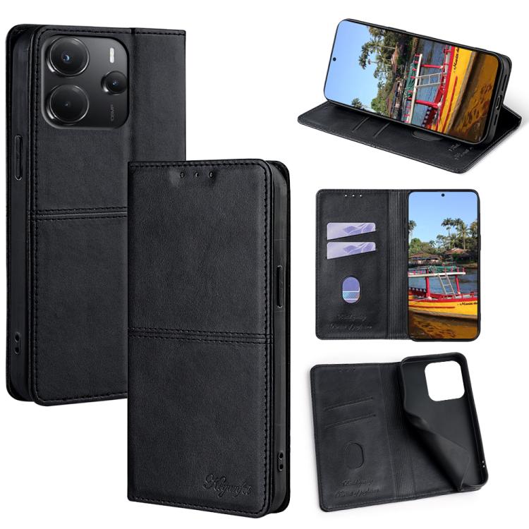 

For Redmi Note 14 4G 164.84mm Cow Texture Magnetic Leather Phone Case(Black)