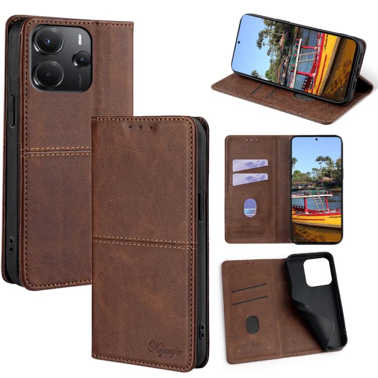 

For Redmi Note 14 4G 164.84mm Cow Texture Magnetic Leather Phone Case(Dark Brown)