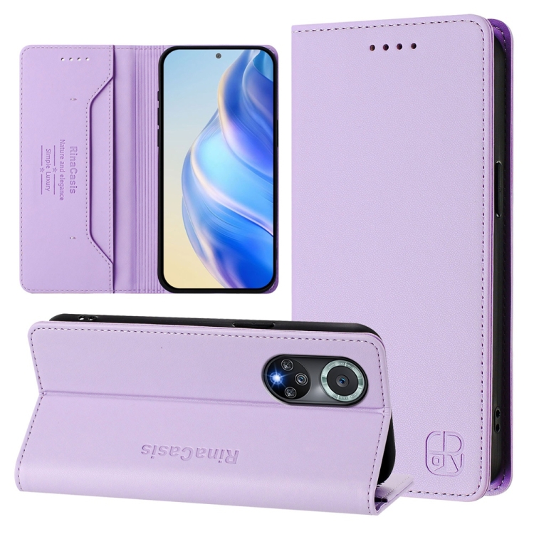 

For Honor 50 Pro RC01 Dual-Folded Magnetic Suction RFID Leather Phone Case(Light Purple)