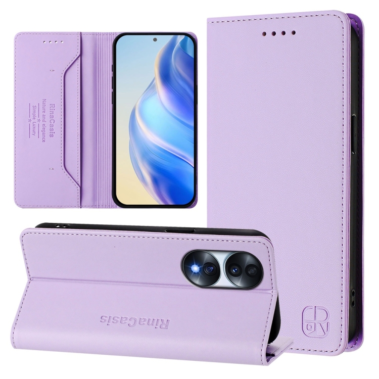 

For Honor 70 Pro RC01 Dual-Folded Magnetic Suction RFID Leather Phone Case(Light Purple)