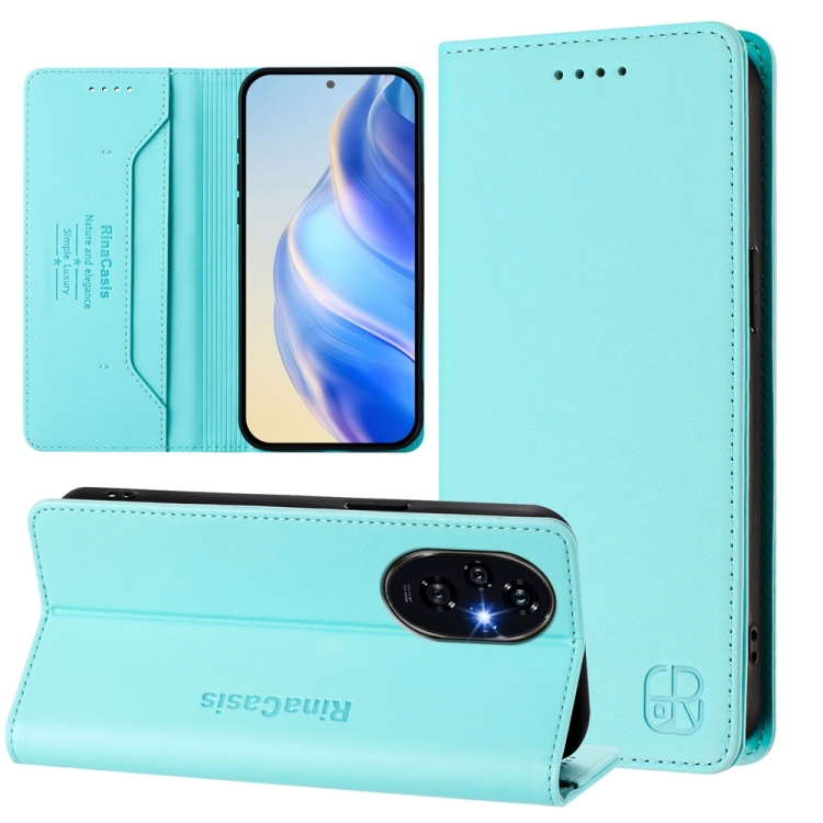 

For Honor 200 Pro RC01 Dual-Folded Magnetic Suction RFID Leather Phone Case(Mint Green)
