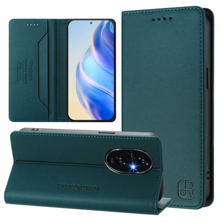 

For Honor 200 Pro RC01 Dual-Folded Magnetic Suction RFID Leather Phone Case(Dark Green)