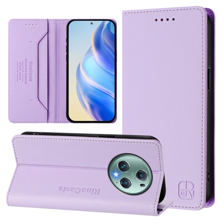 

For Honor Magic5 Pro RC01 Dual-Folded Magnetic Suction RFID Leather Phone Case(Light Purple)