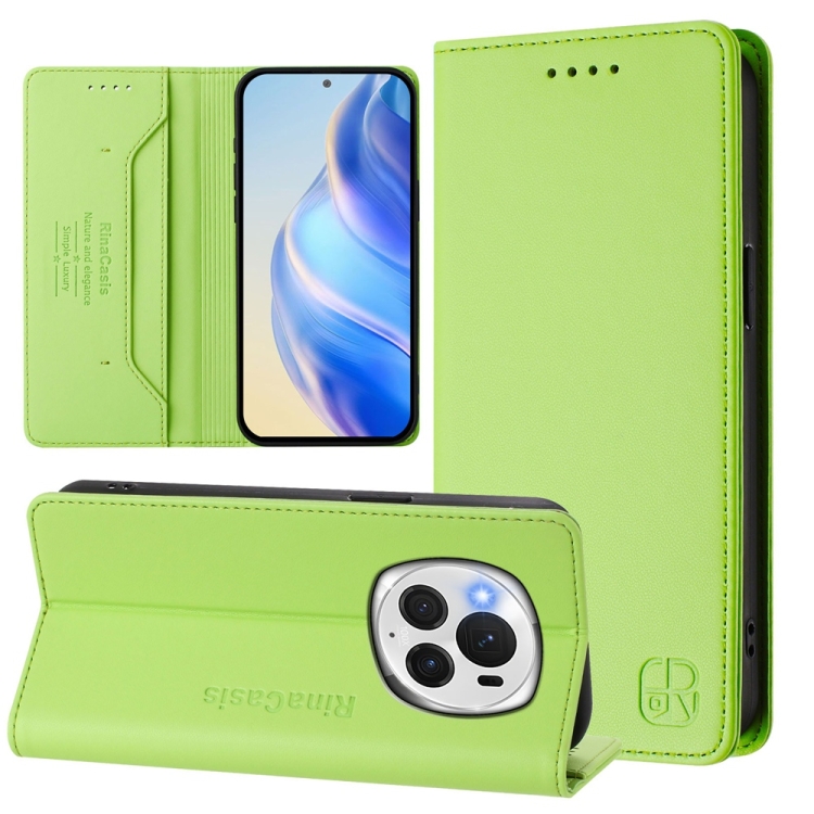 

For Honor Magic6 Pro Global RC01 Dual-Folded Magnetic Suction RFID Leather Phone Case(Grass Green)