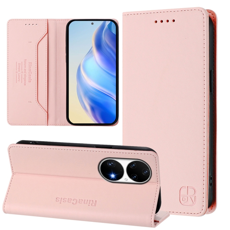 

For Huawei P50 Pro RC01 Dual-Folded Magnetic Suction RFID Leather Phone Case(Pink)