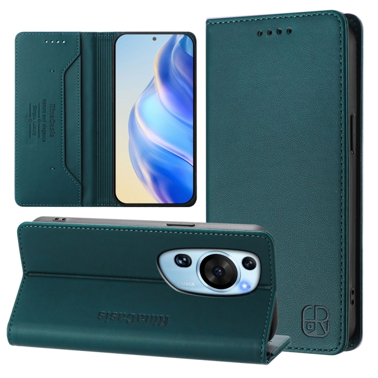 

For Huawei P60 Art RC01 Dual-Folded Magnetic Suction RFID Leather Phone Case(Dark Green)