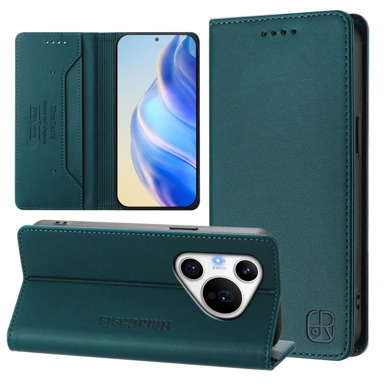 

For Huawei Pura 70 Pro / Pura 70 Pro+ RC01 Dual-Folded Magnetic Suction RFID Leather Phone Case(Dark Green)