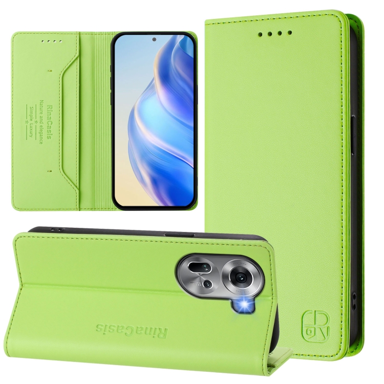 

For OPPO Reno11 5G Global RC01 Dual-Folded Magnetic Suction RFID Leather Phone Case(Grass Green)