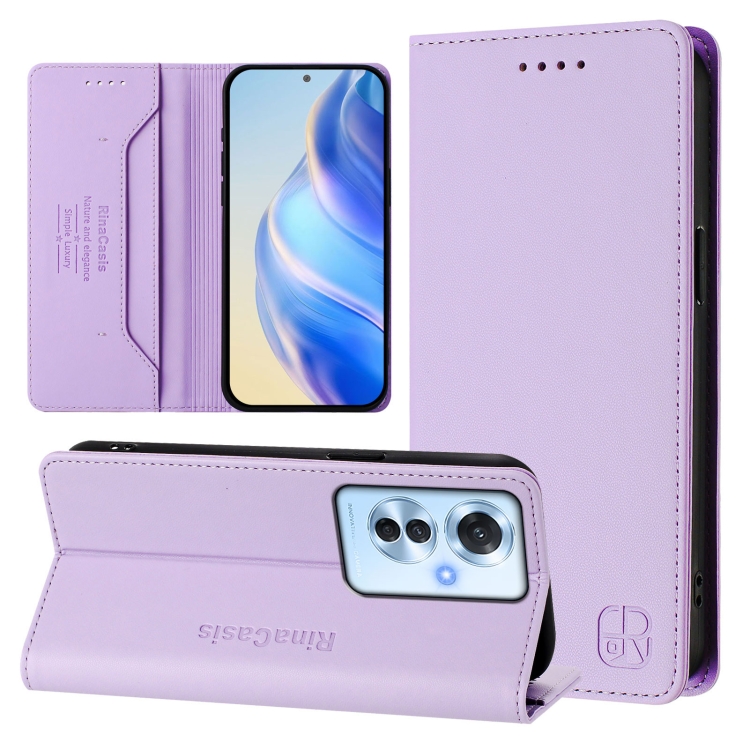 

For OPPO Reno11 F 5G Global RC01 Dual-Folded Magnetic Suction RFID Leather Phone Case(Light Purple)