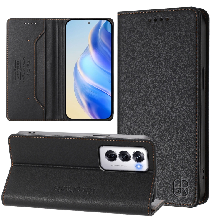 

For OPPO Reno12 5G Global RC01 Dual-Folded Magnetic Suction RFID Leather Phone Case(Black)